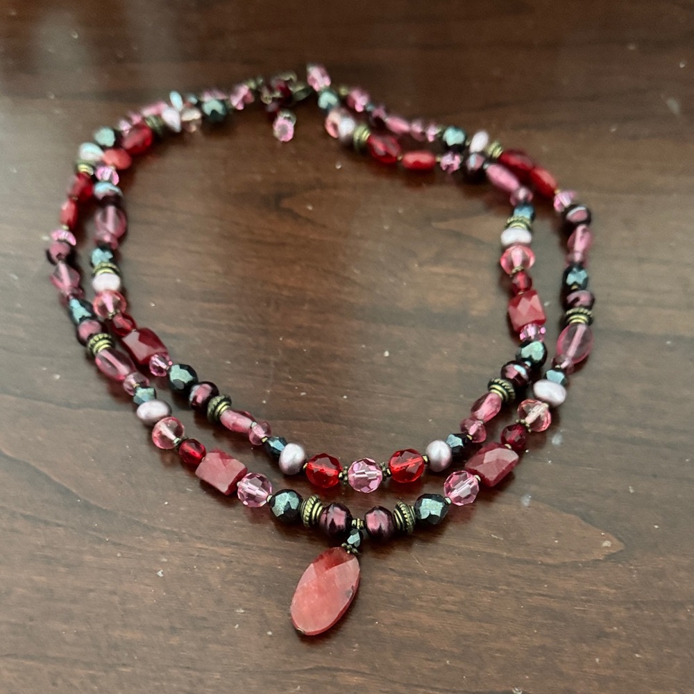 Handmade Dark Rose/Red Beaded Double-Strand Necklace with Red Pendant